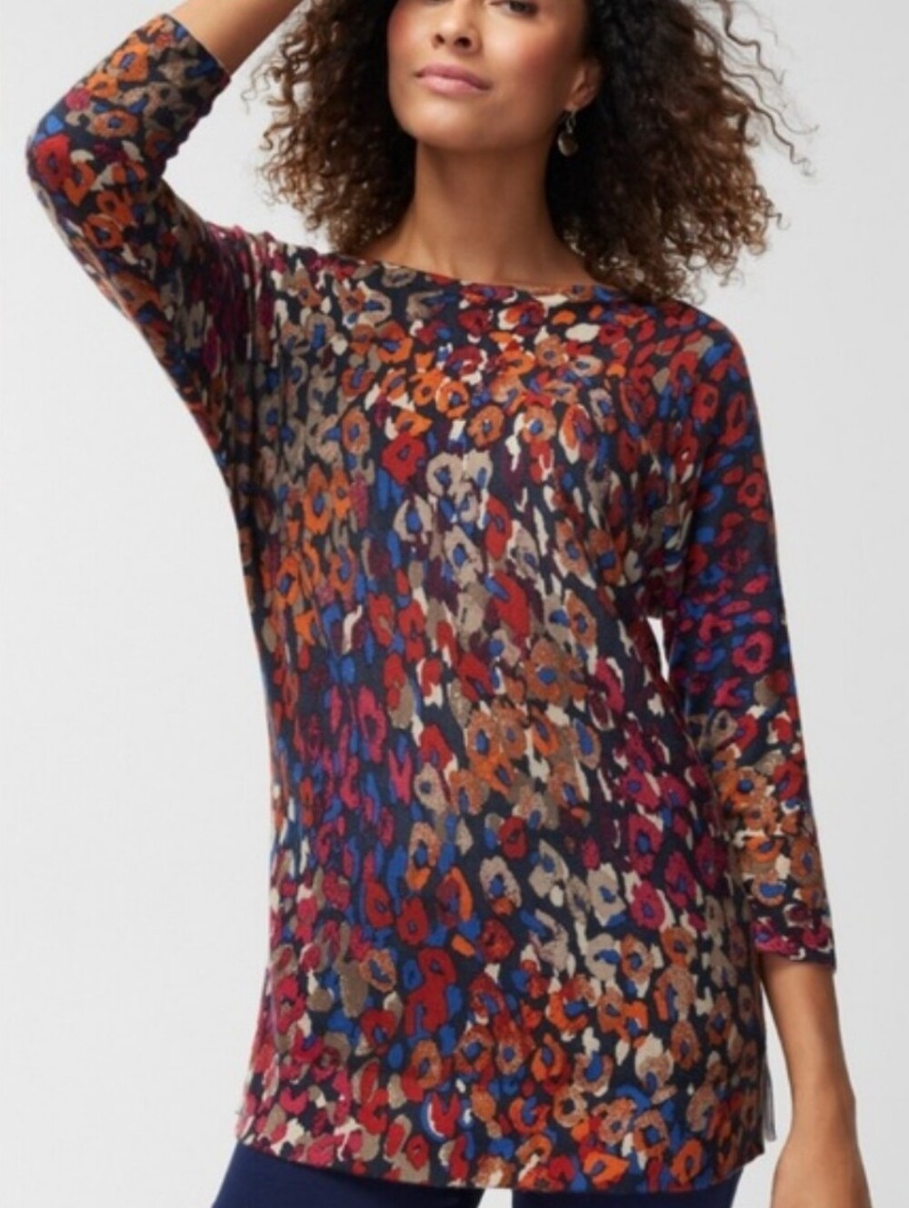 Chico's Touch Of Cashmere Sweater Animal Rejoice Blue Burgundy Bateau Neck XL/16